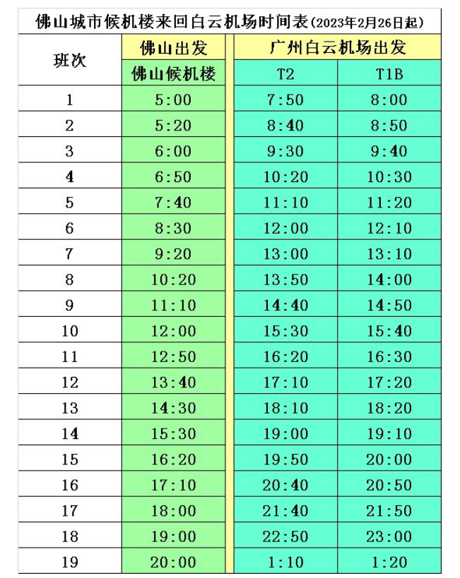 2023佛山白云机场大巴时刻表-候机楼时刻表